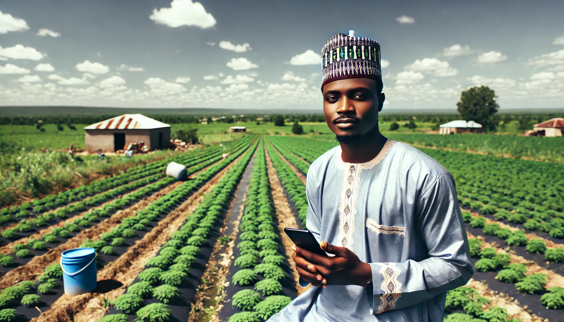 Nigerian farmer holding a phone in a farm field